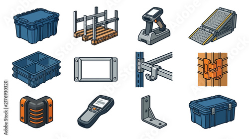 Warehouse equipment icons, 12 logistics vector elements, storage supply set