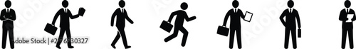 Businessman Silhouette Icon Set, Black Vector Characters Walking, Running Late, Carrying Briefcase, Waving ,Flat Corporate People Icons for Business, Office & Startup Design Projects.