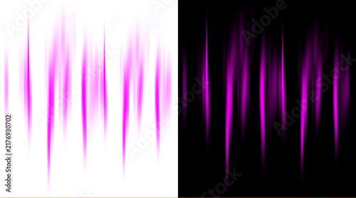 Abstract purple light streaks on black and white backgrounds. Glowing vertical motion blur lines. Futuristic neon speed effect for digital design.