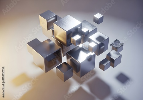 Metallic chrome cubes structure floating in studio perspective 3D render