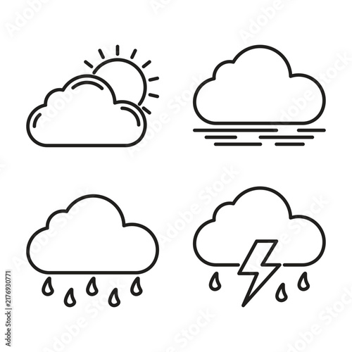 Vector illustration of weather icons in black outline, featuring clouds, sun, rain, lightning, snow, and wind, representing various weather conditions.