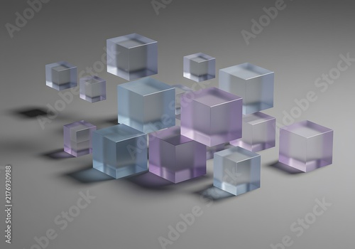 Semi-transparent pastel purple and blue glass cubes floating composition 3D render