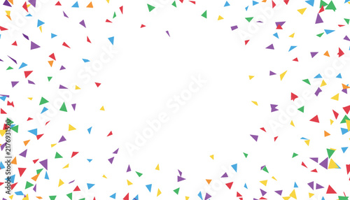 Colorful triangle confetti pieces are scattered randomly leaving a large empty center space on white background.