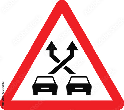Vector illustration of a red triangular warning sign for crossroads or merging traffic ideal for road safety and driving applications