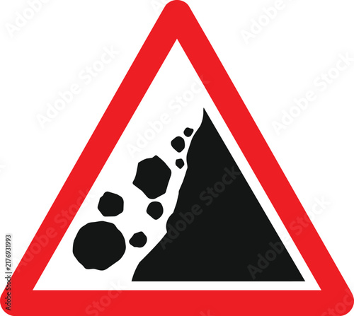 Falling rocks warning sign a red triangular graphic symbol indicating rockfall hazard for road safety and travel caution isolated on white background