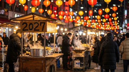 Crowded Night Street Food Market with Glowing Red Lanterns and Festive Stalls