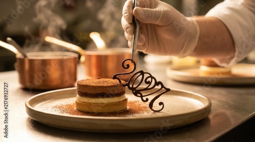 Fine Dining Pastry Chef Garnishing Dessert Pastry on Plate in Luxury Restaurant