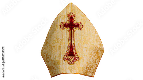 Foto Ornate golden bishop mitre with red velvet cross embroidery