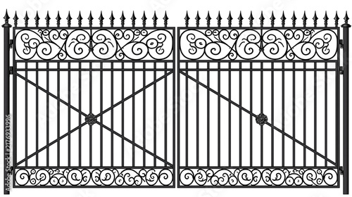 Cuadro en lienzo Black wrought iron double gate with decorative scrollwork and spear finials