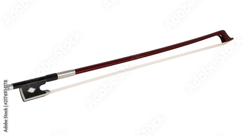 Fotografie Dark brown wooden violin bow with horsehair and ebony frog