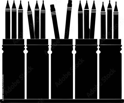 Set of five black silhouette pencil holders filled with various sharpened pencils and pens on a plain white background