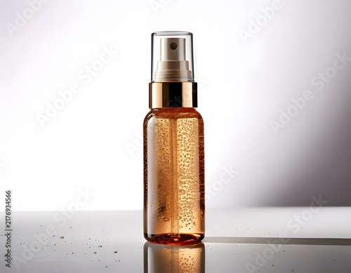 Golden cosmetic spray bottle with liquid bubbles and natural shadows studio shot