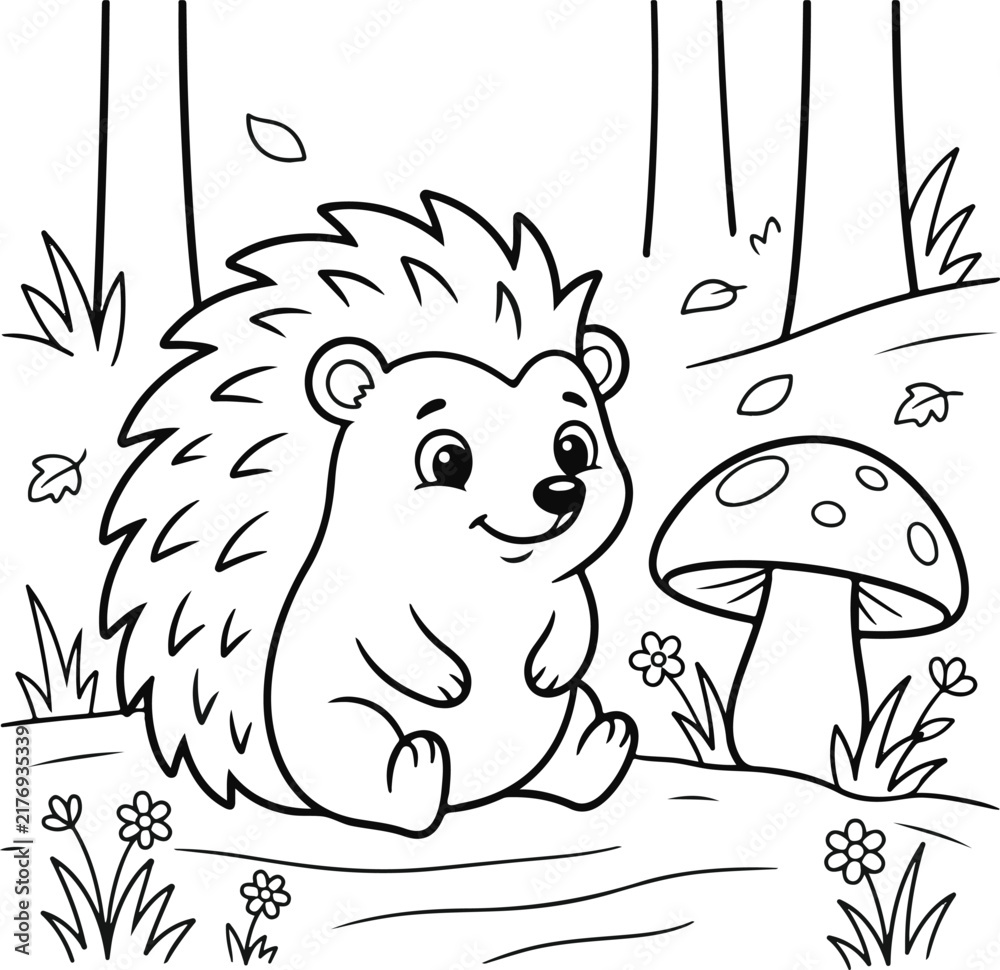Naklejka premium Cute cartoon hedgehog sitting in a forest with flowers and a mushroom, black and white coloring page