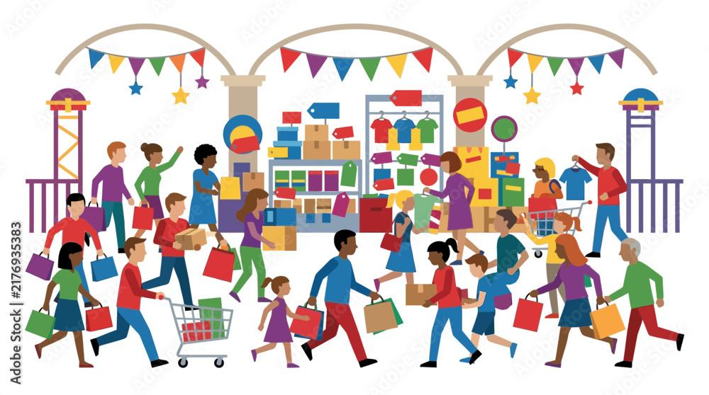 Fototapeta premium Diverse Group of Shoppers in a Busy Marketplace Illustration