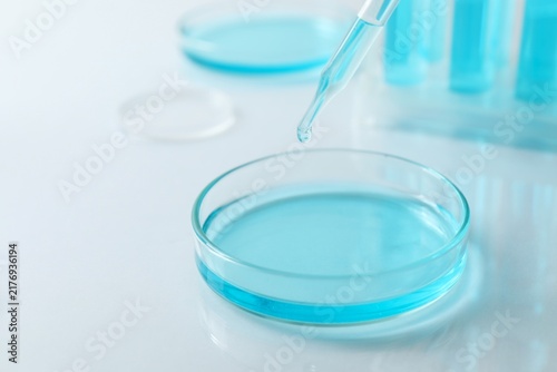Canvastavla Glass pipette and petri dish with blue liquid on white background, closeup