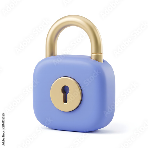 Shiny blue padlock featuring gold metallic accents rendered in a soft minimalist three dimensional art style