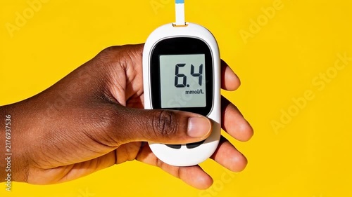 POV close-up of a black woman hand holding white digital blood glucose meter with slightly elevated blood sugar reading on screen. Prediabetes control and healthcare monitoring concept