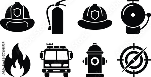 Firefighter equipment silhouette icons set including helmet extinguisher truck hydrant and fire flame with safety gear