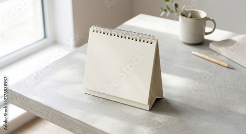 Blank white desk calendar with spiral binding on a concrete surface with copy space for business branding mockup horizontal composition