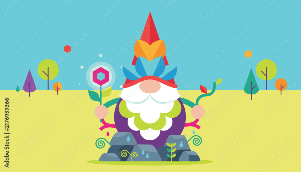 Fototapeta premium Whimsical gnome character holding a magic flower in a colorful natural meadow landscape with trees on a soft blue sky background.