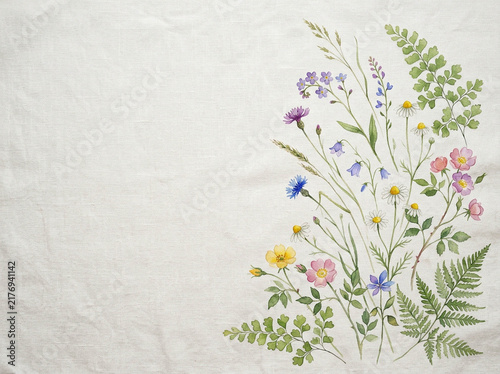 Wildflower watercolor illustration on linen fabric. Floral botanical arrangement for creative