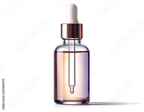 Clear glass dropper bottle with gradient liquid and metallic cap isolated on white background front view