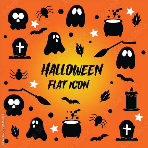 Cute Halloween flat icon set with ghost, skull, witch cauldron, broomstick, tombstone, spider, and candle silhouettes on orange background. Perfect for Halloween party decorations, stickers, web icons