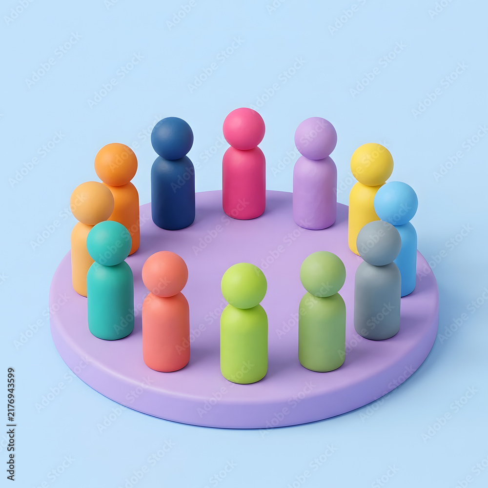 Obraz premium Vibrant colorful plastic peg figures arranged in a circular formation on a solid purple platform surface