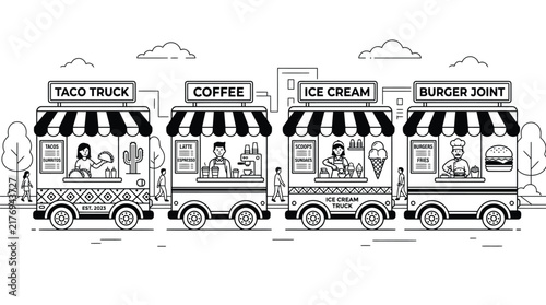 Detailed vector illustration showing several colorful food trucks parked along a bustling city street urban scene