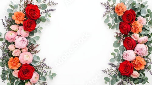 Beautiful red and pink rose flowers arranged in a festive floral border frame with green leaves for a wedding invitation