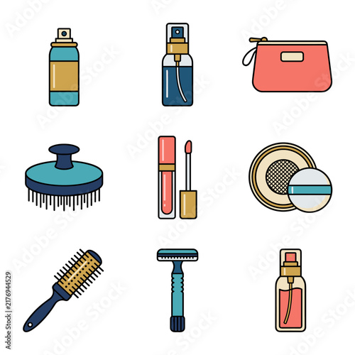 Set of nine flat vector icons on white background depicting travel size hairspray, makeup fixer, cosmetic pouch, scalp massager, lip gloss, loose powder, hairbrush, razor, and perfume bottle