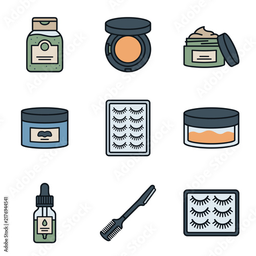 Set of nine pixel art icons for beauty and skincare products, including body scrub, foundation compact, clay mask, pore strips, eyelash extensions, setting powder, and essential oil bottle, perfect