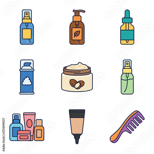 Set of pixel art icons for beauty and skincare products including body mist, hair oil, serum, shaving cream, shea butter, and comb, perfect for digital use