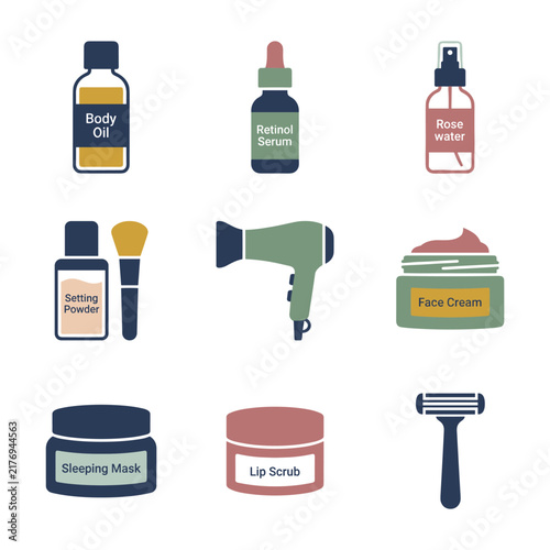 Set of nine minimalist skincare and beauty product icons including body oil, retinol serum, rosewater spray, face cream, hair dryer, and razor on a white background