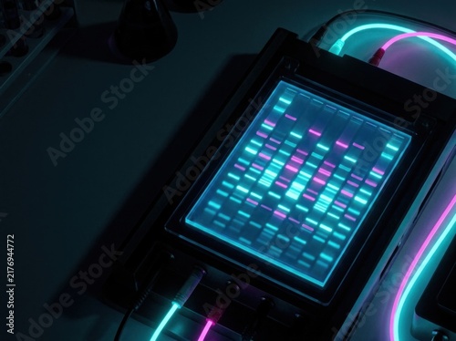 Glowing blue and pink DNA bands on digital gel electrophoresis imaging screen