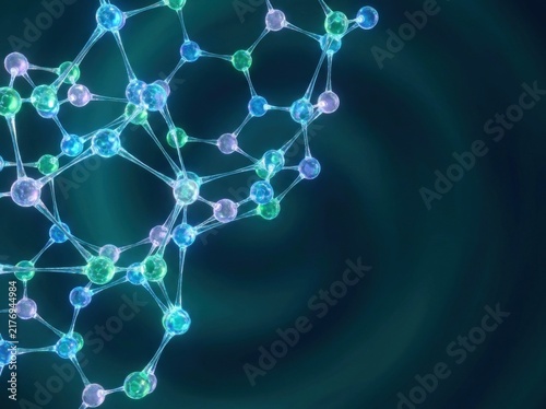3D molecular structure network connecting chemical bonds and atoms in glowing cyan light