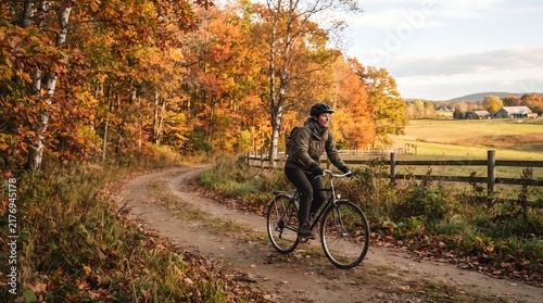 Woman cycling through an autumn countryside trail
