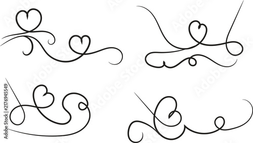 Filigree curly Calligraphic Heart, Fancy Line Flourishes Swirls hearts, curve romantic love sign, Valentines Day divider flourish Swirl, Calligraphy Flourish lettering header hearts scroll 