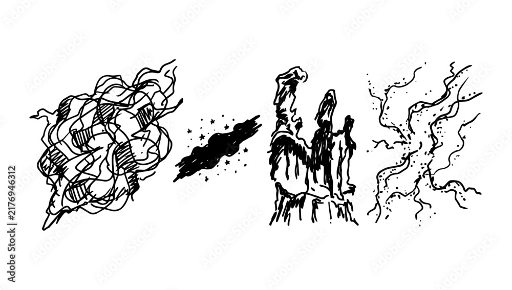 Fototapeta premium Simple doodle line art gracefully displaying abstract smoke wisps dark ink splash and lightning