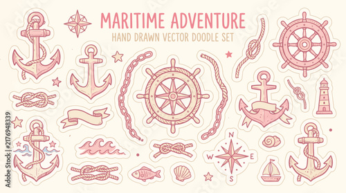 Maritime adventure doodle set featuring hand drawn nautical vector elements in soft pink color palette