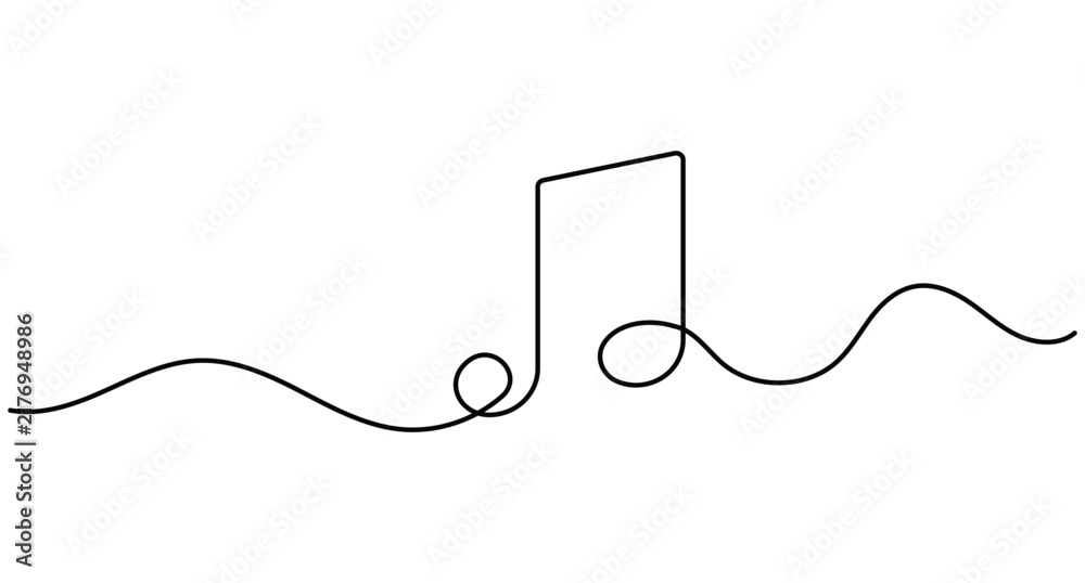 Obraz premium Music line art showing a single musical note integrated with a smooth flowing wave, rendered as clean vector artwork with editable stroke