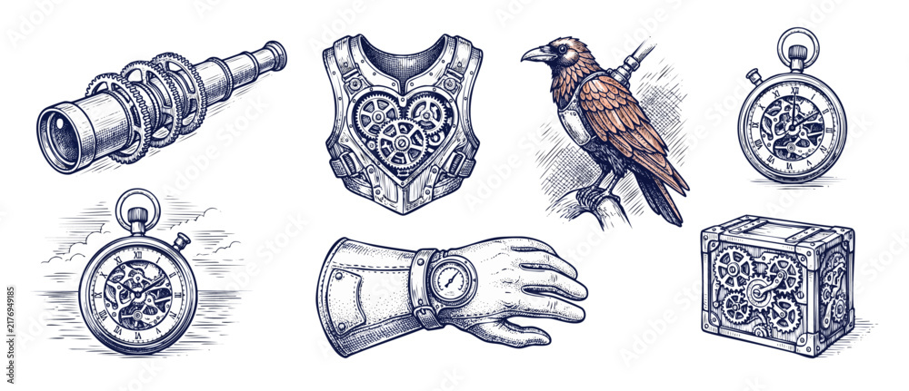 Obraz premium Steampunk vector illustration set featuring vintage mechanical gear objects including pocket watch telescope mechanical raven and gear heart vest for sci-fi retro design projects and elements.