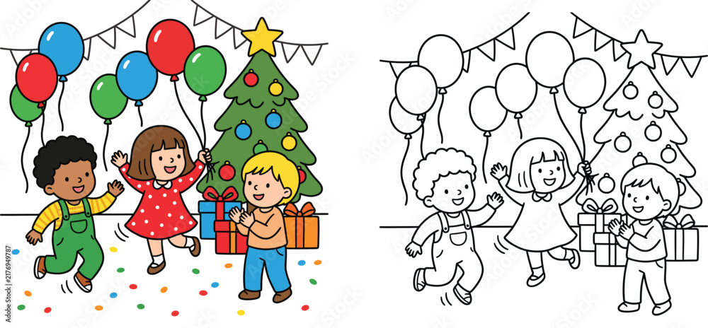 Fototapeta premium Cute happy children celebrating Christmas party with balloons and gifts coloring page and colorful vector illustration