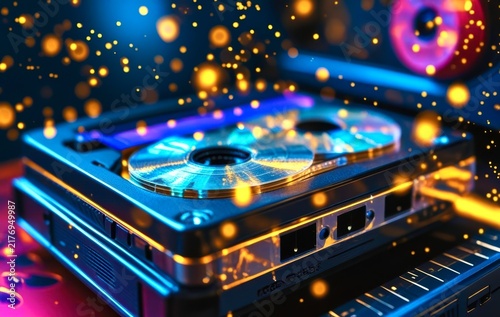 Futuristic cassette player glows with vibrant blue and gold light