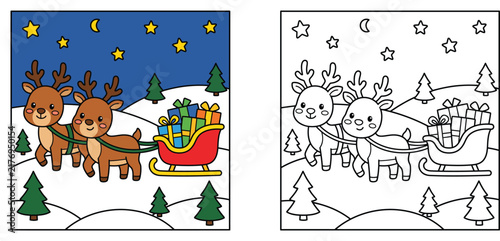 Cute Christmas reindeer pulling gift sleigh coloring page and colored cartoon vector illustration for kids
