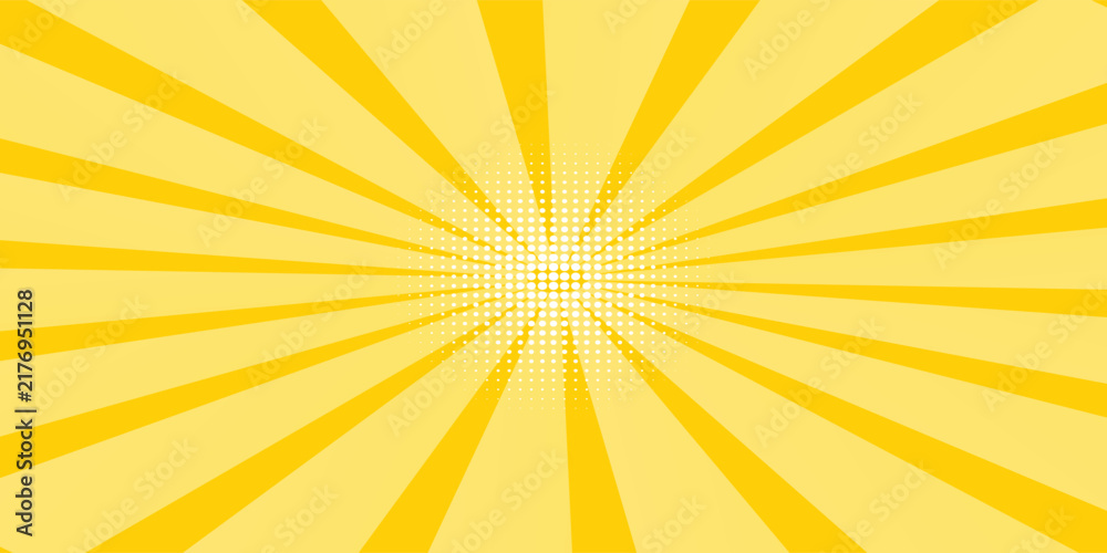 Obraz premium Yellow abstract background with light of sunburst. yellow starburst with halftone. sun ray retro background with flash