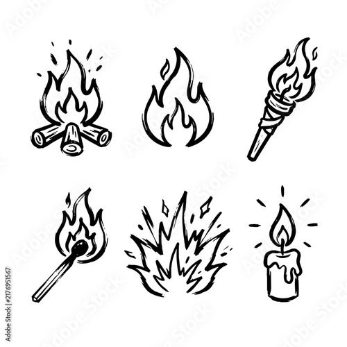 Fire illustration icon set on outline brush effect
