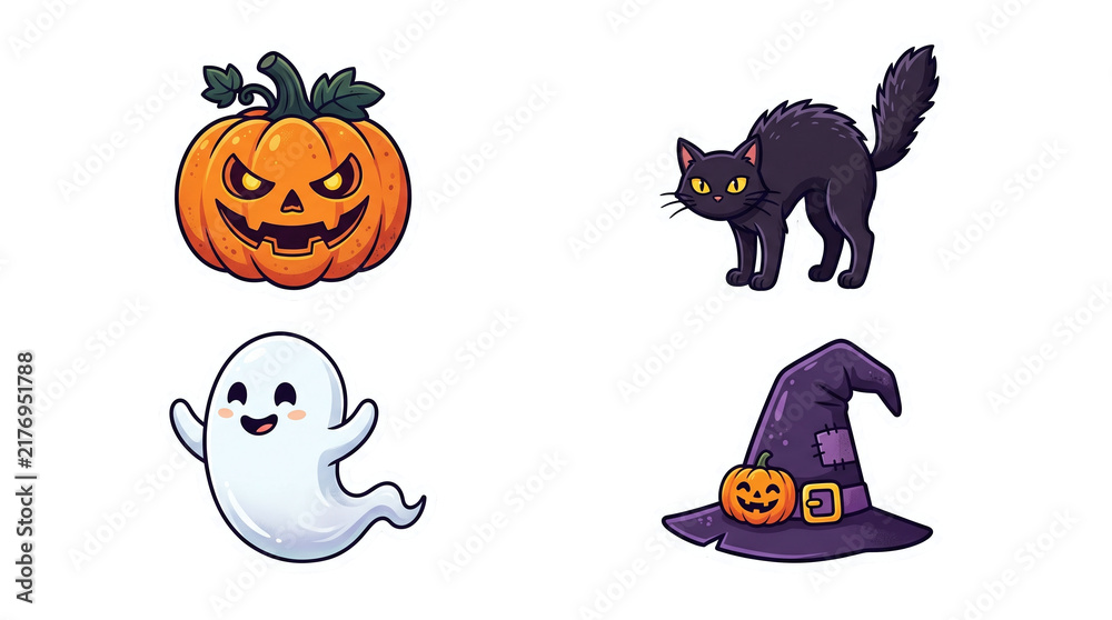 Fototapeta premium Pixel art halloween icons with pumpkin ghost cat and witch hat