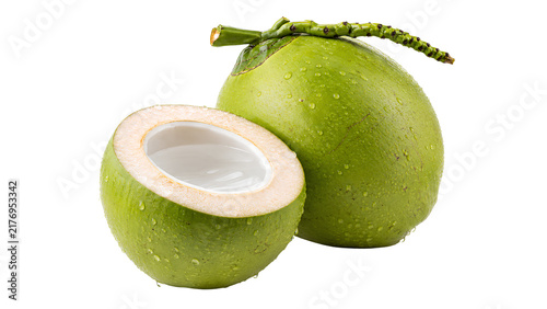 Fresh Green Coconut with Coconut Water and Half Cut Fruit Isolated on Transparent Background