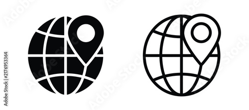 Foto Globe with location pin icon set, world map with navigation marker, global trave
